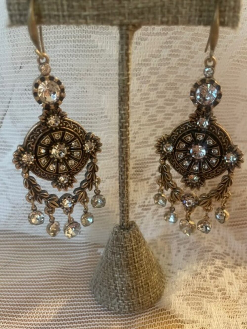 Antique Gold Tone Rhinestone Chandelier Earrings